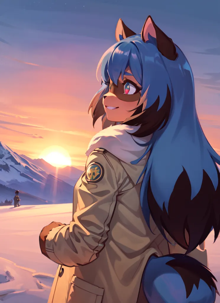 The image is of a blue-haired anime girl with cat ears and a tanuki tail. She is wearing a tan coat with a white fur collar and a yellow badge on the left arm. She is looking at a sunset over a snowy mountain range. There are two people in the distance also looking at the sunset.