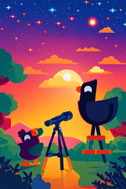 A imagem é uma cena de céu noturno em estilo de desenho animado. Há dois pássaros olhando através de um telescópio. Um pássaro está em pé no chão e o outro está sentado em um banquinho. Há árvores e arbustos atrás deles. O céu está escuro com muitas estrelas e uma lua crescente. As cores são brilhantes e vibrantes.