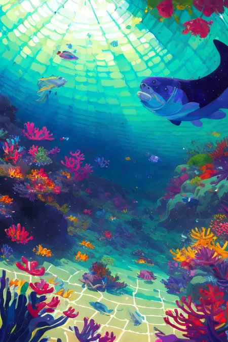 A imagem é de um recife de coral com muitos tipos diferentes de peixes e corais. A água é de uma cor azul profunda. O coral está em várias cores, incluindo rosa, roxo, verde e amarelo. Os peixes também são coloridos. Há um peixe azul grande no centro da imagem. O peixe tem olhos grandes e uma boca grande. Ele está olhando para a câmera. Há peixes menores nadando ao redor do peixe grande. O recife de coral está ao fundo da imagem. É composto por muitos tipos diferentes de coral. O coral está em várias cores, incluindo rosa, roxo, verde e amarelo. A imagem é muito colorida e detalhada.
