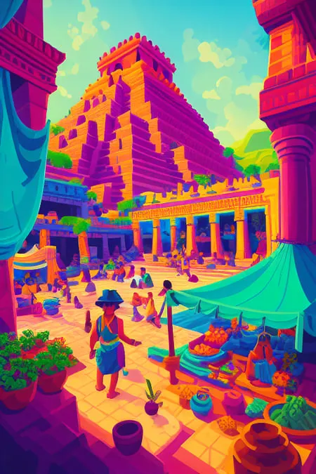 The image is a colorful depiction of an ancient Mesoamerican city. The city is built on a series of stepped pyramids, with the largest pyramid in the center of the city. The pyramids are made of large blocks of stone, and they are decorated with intricate carvings. The city is full of people, who are dressed in colorful clothing. The people are engaged in a variety of activities, including buying and selling goods, talking, and walking around. The city is also full of animals, including dogs, cats, and chickens. The image is full of life and activity, and it provides a glimpse into the vibrant culture of an ancient Mesoamerican city.