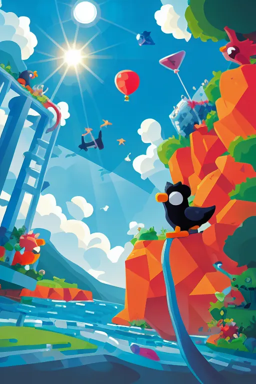 The image is a colorful and vibrant illustration of a whimsical world. The foreground is a lush green landscape with a blue river running through it. The river is surrounded by colorful rocks and trees, and there are various creatures and objects floating in the air above the river. These include a red bird, a blue bird, a yellow submarine, a hot air balloon, and a martini glass. The background is a blue sky with white clouds, and there is a large sun in the upper left corner. The overall style of the image is reminiscent of a children's book illustration.