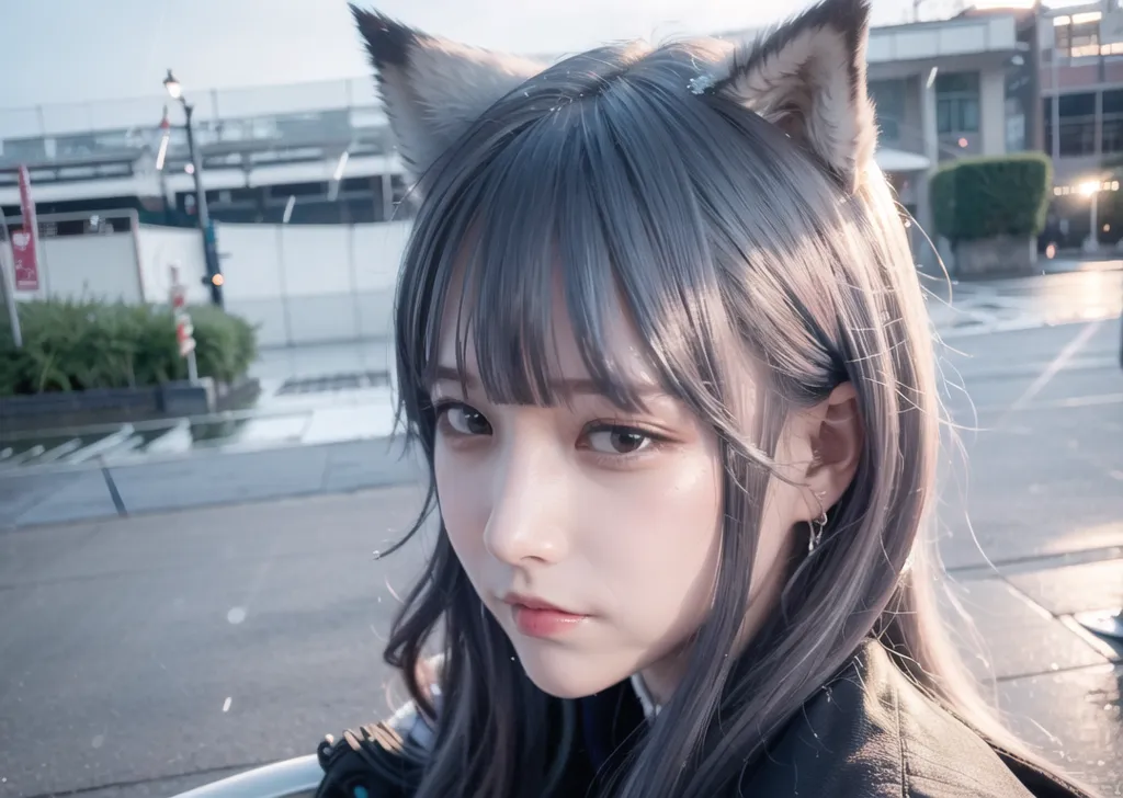 The picture shows a young woman, probably in her late teens or early twenties, with an irritated expression on her face. She has mid-length gray hair with bangs and gray cat ears. She is wearing a black leather jacket and a white shirt. The background is blurred.