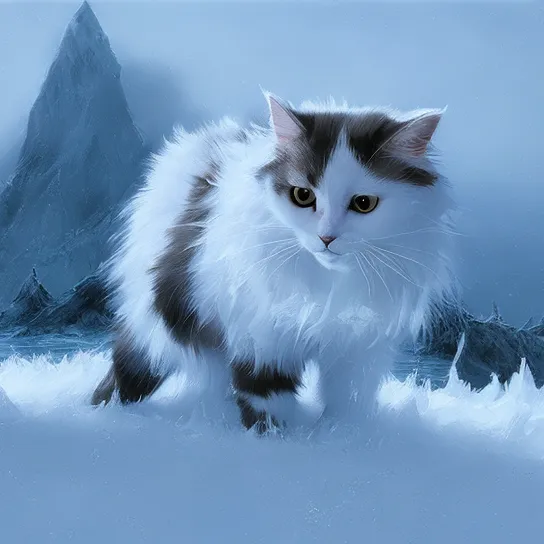 A imagem mostra um gato branco com manchas cinzentas no rosto e nas patas. O gato está em pé em um lago congelado, cercado por montanhas cobertas de neve. O gato olha para o observador com seus olhos amarelos. O pelo da barriga do gato está emaranhado com gelo e neve. O fundo da imagem é azul pálido.