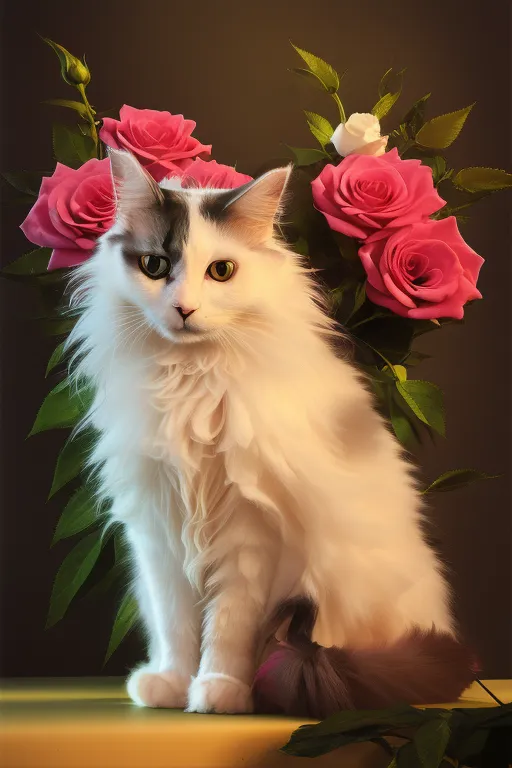 A white cat with gray markings on its face is sitting in front of a dark background. The cat is surrounded by pink and white roses. The cat is looking at the camera with a curious expression. The roses are in various stages of bloom, and their petals are a deep pink color. The leaves of the roses are a rich green color. The cat is sitting on a table, and its tail is curled around its feet.