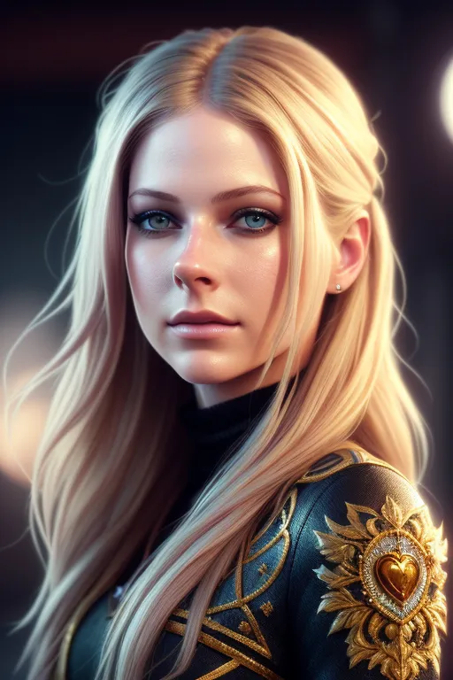 The image is a portrait of a beautiful young woman with long, flowing blonde hair and blue eyes. She is wearing a black leather jacket with gold accents and has a golden heart-shaped brooch on her chest. The background is dark with a spotlight shining on her.