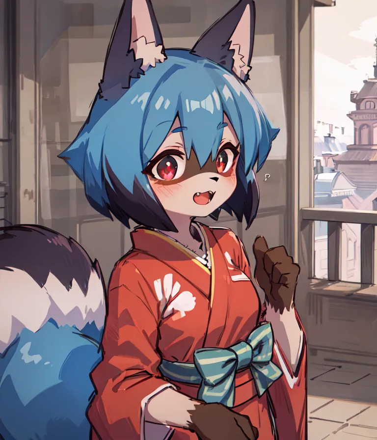 The image shows an anime-style character with blue hair and red eyes. She has fox ears and a tail, and is wearing a red kimono with a white obi. She is standing in a traditional Japanese-style room, with a balcony and a view of the city in the background. The character is smiling and has a curious expression on her face.