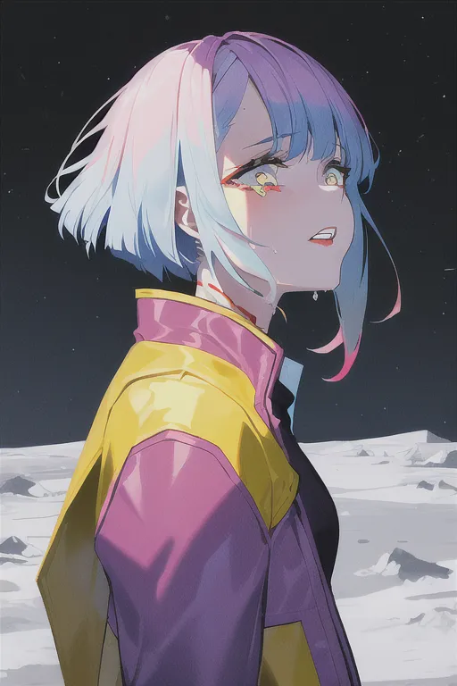 A imagem é de uma jovem com cabelos curtos azuis e rosas. Ela está usando um casaco amarelo e roxo. Ela está em pé em uma paisagem nevada e há lágrimas em seus olhos. O fundo é um céu escuro com uma lua cheia.