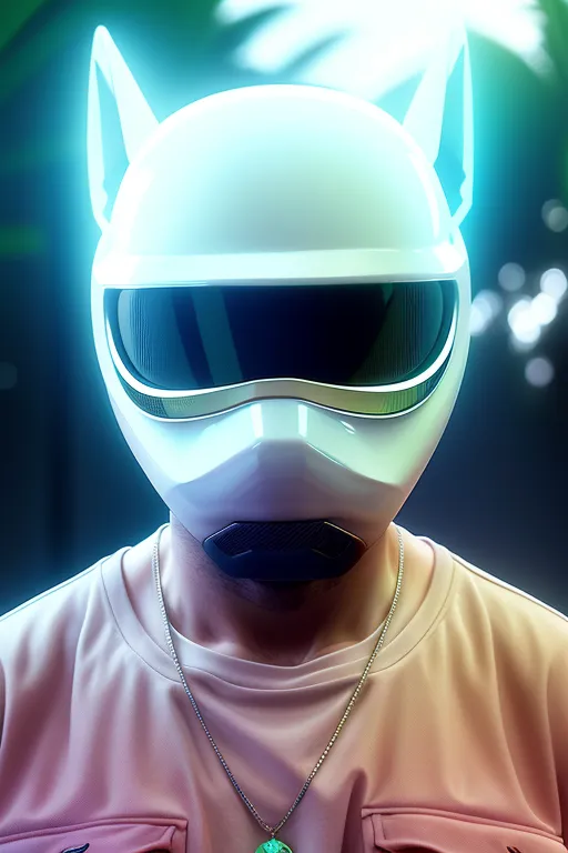 This is an image of a person wearing a white helmet with cat ears. The helmet has a visor that is reflecting a green light. The person is wearing a pink shirt and has a necklace with a pendant. The background is blurred and has a few green and yellow lights.