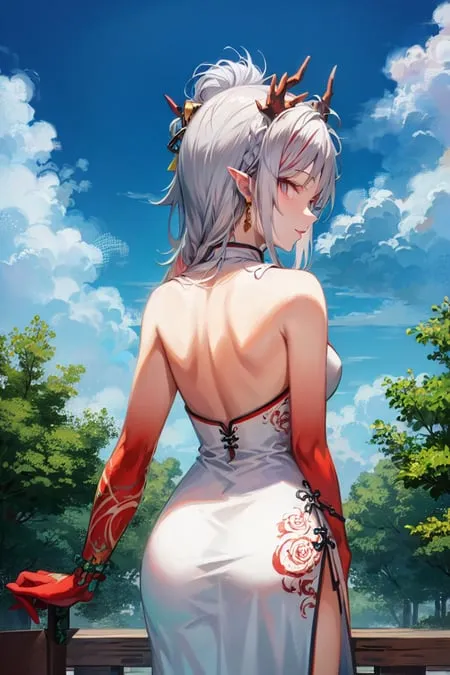 The image is of a beautiful woman with long white hair and red eyes. She is wearing a white and red cheongsam-style dress with a high slit, showing off her long legs. She has a tattoo of a rose on her back. She is standing on a balcony, leaning against the railing. There are trees and blue skies in the background.