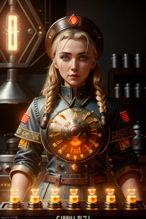 The image shows a young woman standing in front of a steampunk-style machine. She is wearing a blue uniform with a red armband and a brown belt. She has blonde hair braided and blue eyes. She is also wearing a large necklace with a clock-like device in the center. The machine behind her has a large clock on it and various gauges and levers.