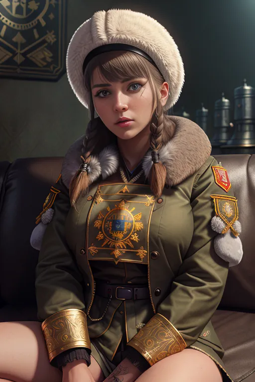 The image shows a young woman, sitting on a couch, wearing a green military-style jacket with gold epaulettes and fur trim, and a fur hat. She has brown hair braided down her back, blue eyes, and a beauty mark on her left cheek. There is a tattoo on her right leg at the thigh.