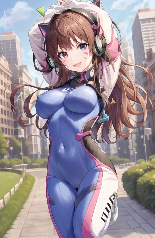 The image is of a young woman standing in a city street. She is wearing a skin-tight blue and pink bodysuit and a pair of cat ears. She has long brown hair and purple eyes. She is smiling and has her arms raised in the air. There are a number of buildings in the background of the image.