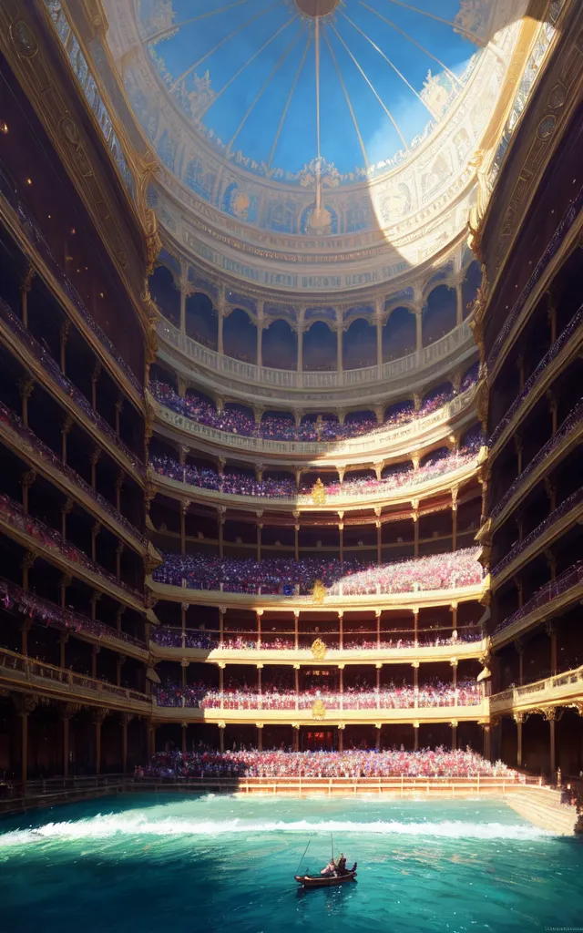 The image is a digital painting of a theater. The theater is large and opulent, with a blue domed ceiling and gold-trimmed balconies. There is a stage in the center of the theater, and a large audience is sitting in the stands. The audience is dressed in formal attire, and they are all watching the performance on stage. There is a man in a small boat in the foreground of the image. He is rowing towards the stage, and he is looking up at the performance. The image is full of detail, and it is clear that the artist has put a lot of thought into its creation.