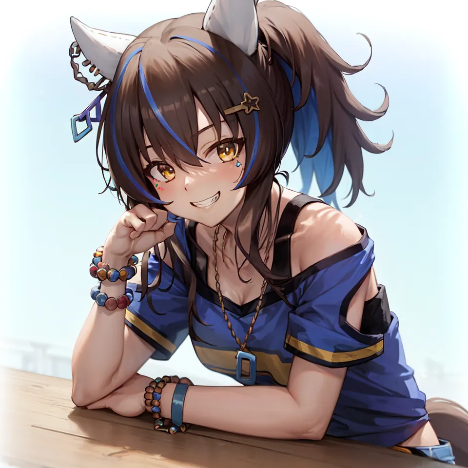 The image shows a young woman with brown hair and blue eyes. She has cat ears and a tail. She is wearing a blue tank top and has a lot of jewelry on her arms and around her neck. She is sitting at a table and has a happy expression on her face.