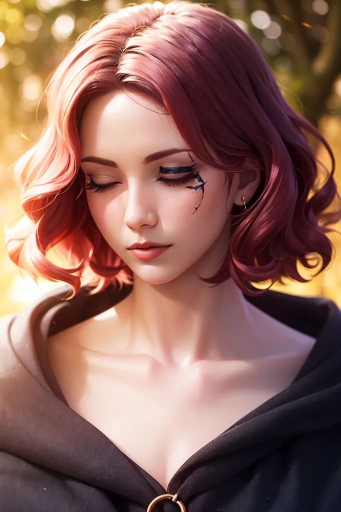 This image shows a beautiful woman with pink hair and black eyeliner. She is wearing a black cloak with a gold clasp. The background is blurred and looks like a forest. The woman's eyes are closed and she has a serene expression on her face.