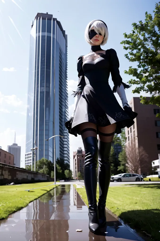 The picture shows a young woman dressed in a black and white outfit. She is wearing a blindfold, a black choker, and a black dress with a white collar. She also has black boots and white gloves. She is standing in an urban setting, with a tall building in the background. There are trees and cars on either side of her. The woman is looking down at the ground as she walks.