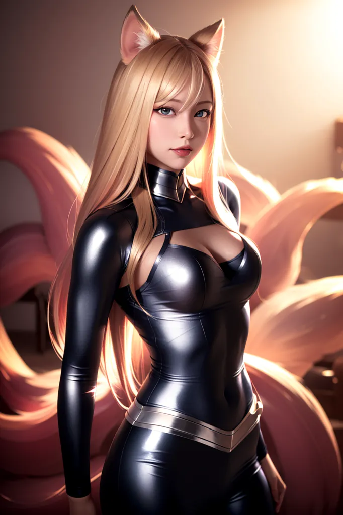 The image is of a young woman with long blonde hair and blue eyes. She is wearing a black and silver bodysuit with a plunging neckline and a high collar. She also has a pair of fox ears and a fox tail. She is standing in a confident pose, with one hand on her hip and the other holding a glass of wine. Behind her is a large pink and white balloon.