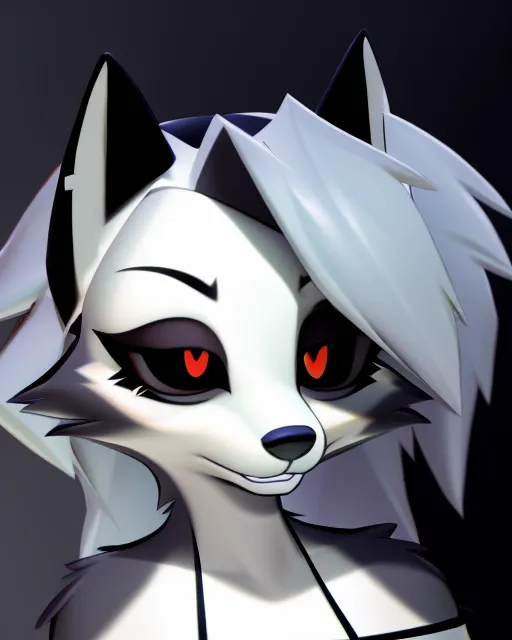 A imagem é um modelo 3D de um personagem furry de lobo. O personagem tem pelo branco e preto, com cinza no interior das orelhas. O personagem tem olhos vermelhos e olha para o espectador com um leve sorriso em seu rosto. A imagem é renderizada em um estilo realista e o pelo e os olhos do personagem são particularmente bem detalhados.