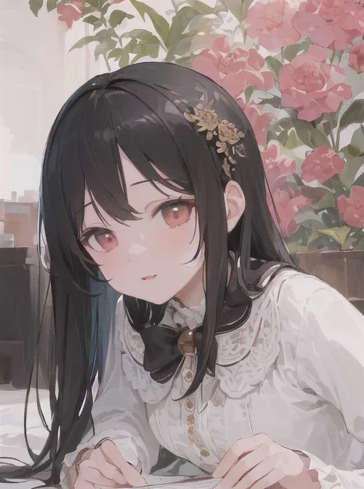 The image is a painting of a young girl with long black hair and red eyes. She is wearing a white dress with a black collar and a pink bow. There are pink flowers in the background. The girl is sitting at a table and appears to be writing something.