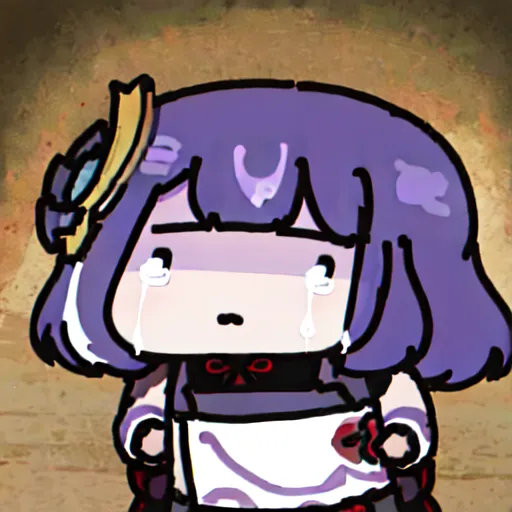The image is a chibi version of Raiden Ei from the game Genshin Impact. She is crying and has a sad expression on her face. Her hair is purple and she is wearing a purple and white kimono. She is standing in a dark room with a red curtain in the background.