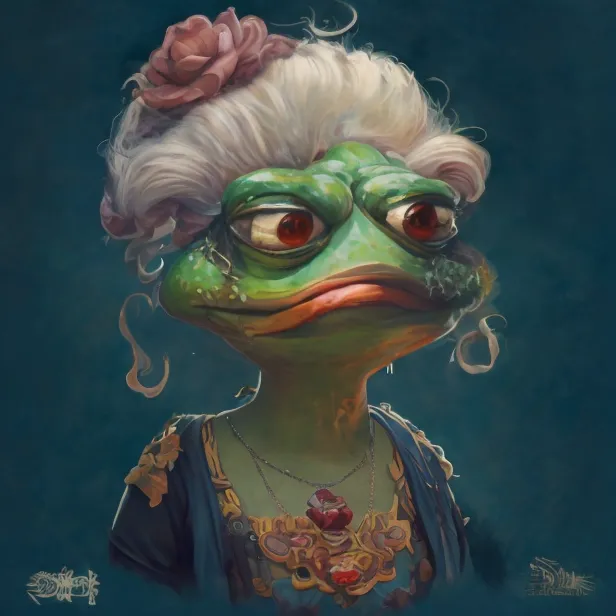 The image is a painting of a frog wearing a powdered wig, a rose, and a pearl necklace. The frog is wearing a blue and gold brocade dress. The background is dark blue. The painting is in a realistic style and the frog is depicted with great detail.