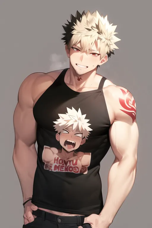 The image is of a muscular man with blond hair and red eyes. He is wearing a black tank top and jeans. The tank top has a picture of a chibi version of himself on it. He has a tattoo on his left arm. He is standing with his hands on his hips and has a confident smile on his face.