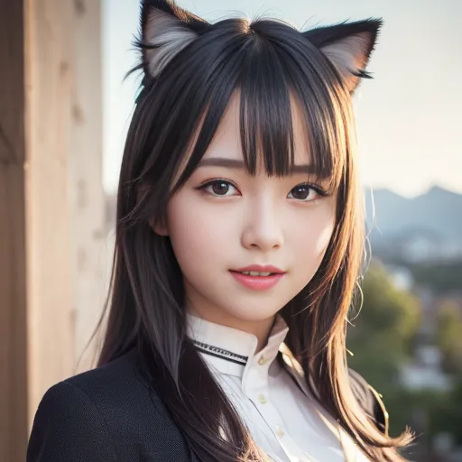 The image shows a young woman with long black hair and brown eyes. She is wearing a white blouse and a black jacket. She has cat ears on her head and a gentle smile on her face. The background is blurred, and the light is shining on her face.