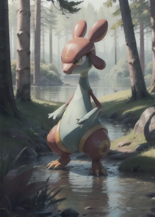 The image shows a Pokémon, or Pokemon, which is a fictional creature from the Pokémon franchise. It is standing in a forest, near a river. The Pokemon is primarily red and gray in color, with a long tail and large ears. It is standing on two legs and has a determined expression on its face. The background of the image is a forest, with green trees and a blue river. The Pokemon is standing on a rock in the middle of the river, and there are some plants growing on the banks of the river. The image is realistic and well-rendered, and the Pokemon is depicted in gray