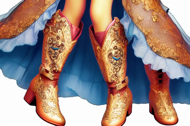 The image shows a pair of golden boots with intricate designs and blue buckles. The tops of the boots are folded down, revealing a blue and white striped lining. The boots are being worn by a person wearing a long, blue dress.