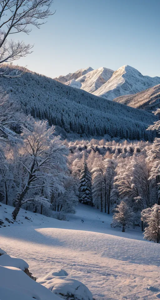 The image shows a beautiful winter landscape. The mountains are covered in snow. The trees are bare, and their branches are weighed down by the snow. The ground is covered in a thick blanket of snow. There is a large snow-covered field in the foreground, with a forest of snow-covered trees behind it. In the distance, there is a snow-capped mountain range. The sky is a clear blue. The sun is shining brightly, casting long shadows across the snow. The scene is peaceful and serene.