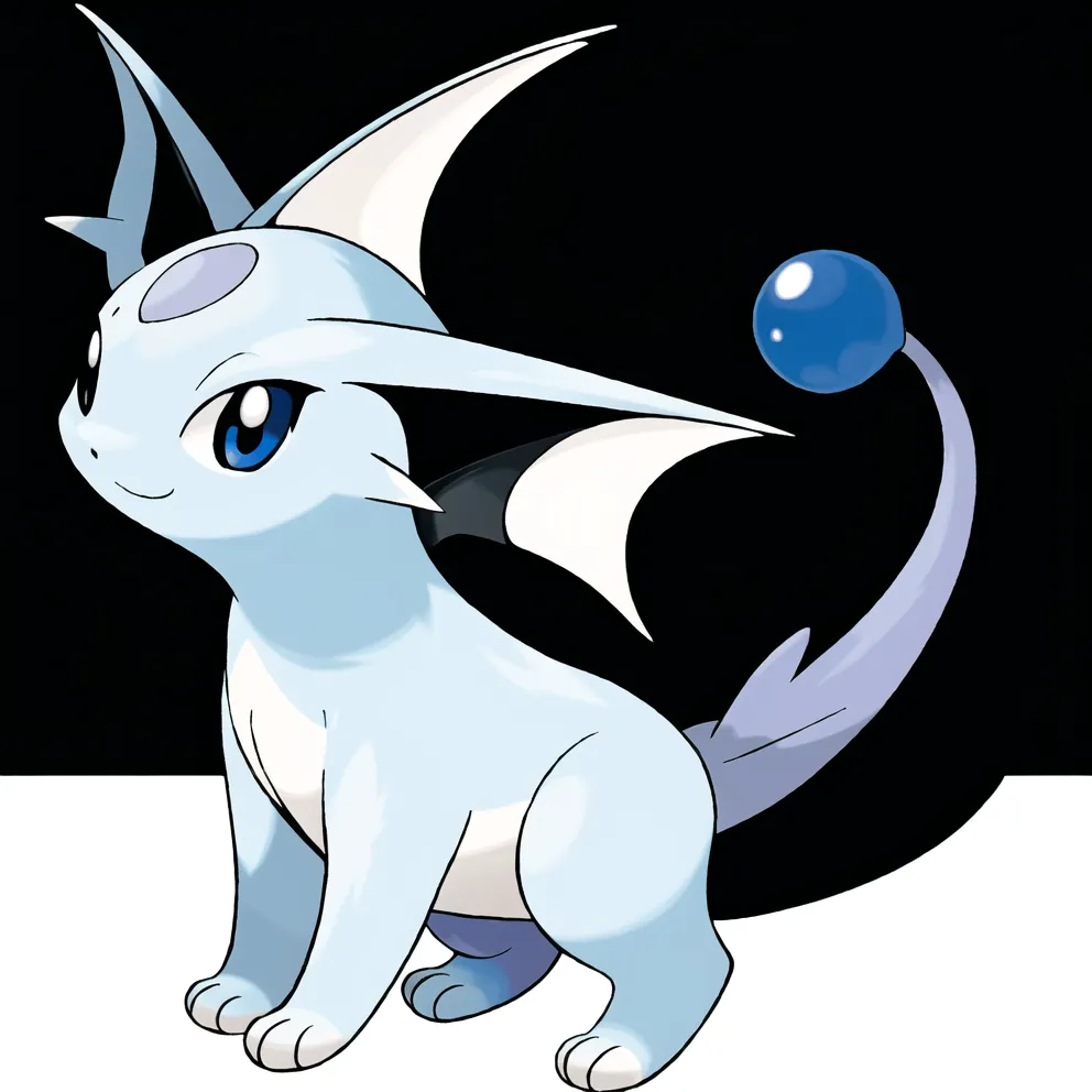 The image is of a Pokémon character. It is a small, quadrupedal creature with blue and white fur. It has large, blue eyes and a small, pink nose. Its ears are long and pointed, and its tail is tipped with a blue orb. It is sitting on its haunches and looking at the viewer with a curious expression. The background is white and black