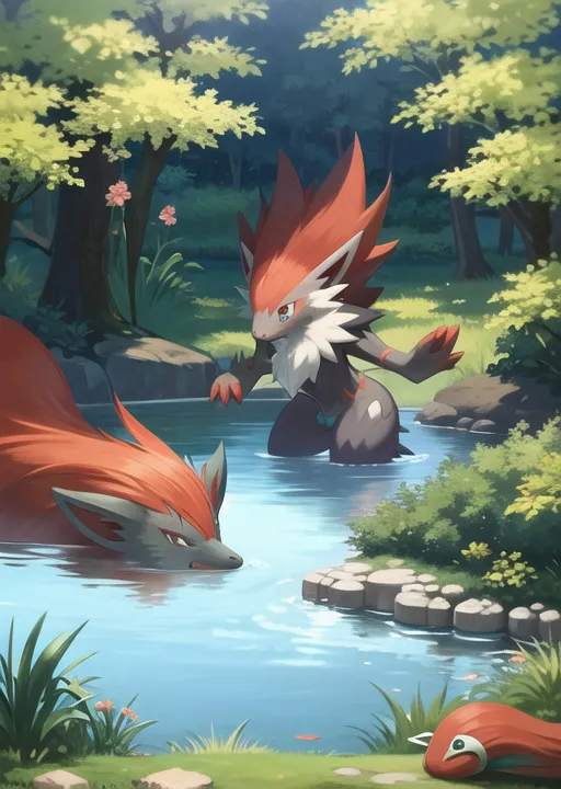 The image shows two Pokémon, a red and black quadrupedal Pokémon and a red and black bipedal one. They are standing in a river and looking at each other. The background is a forest with green trees and flowers