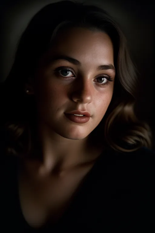 A young woman with long, dark hair is looking at the camera. She has light skin and dark brown eyes. She is wearing a dark shirt and has a small smile on her face. The background is out of focus and is dark.