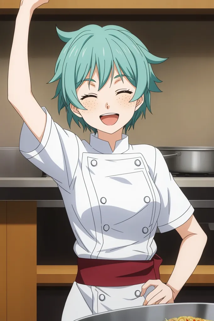 A young girl with green hair and freckles is standing in a kitchen. She is wearing a white chef's coat and a red apron. She has a bright smile on her face and is holding her right arm in the air. She is surrounded by pots and pans.