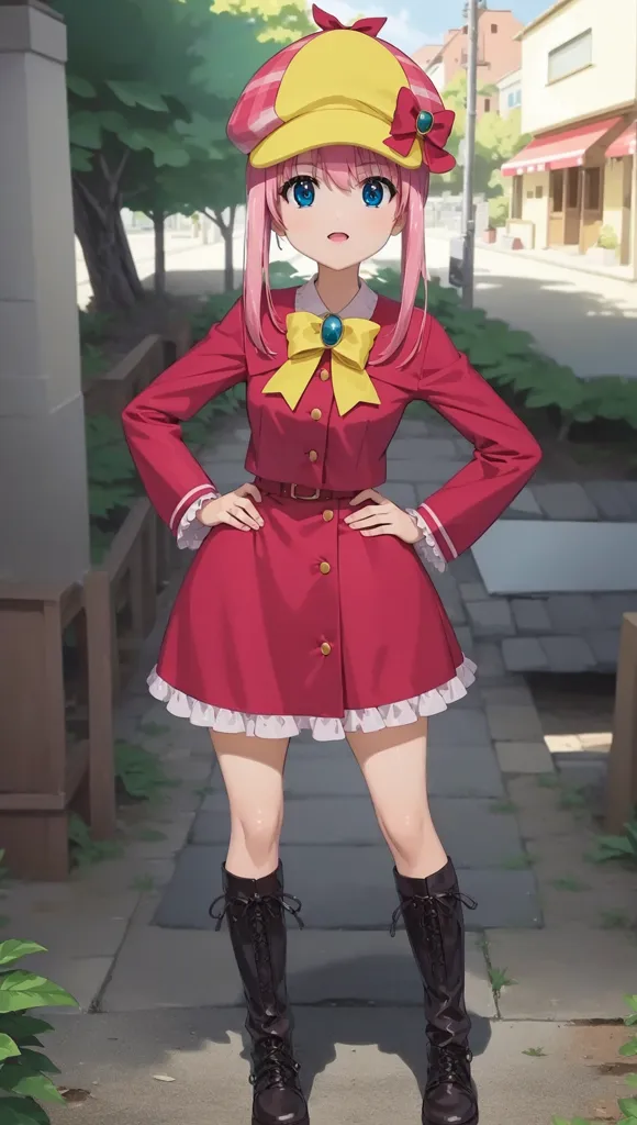 The image shows an anime girl with pink hair and blue eyes. She is wearing a red dress with a white collar and a yellow hat with a pink ribbon. She is also wearing black boots. She is standing in a street with trees and buildings in the background.