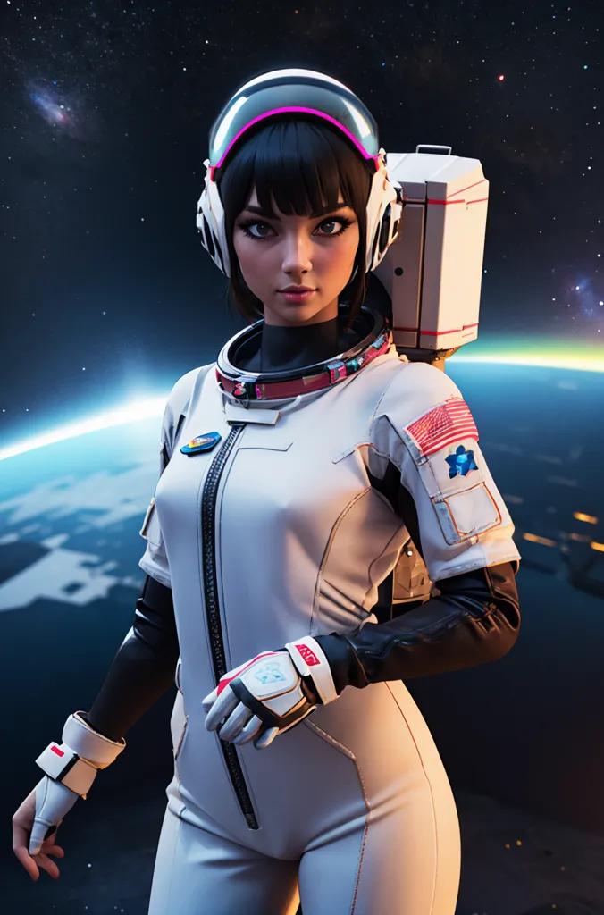 A young girl in a spacesuit is standing with her right hand on her hip. She is wearing a white spacesuit with a clear bubble helmet. There is an American flag patch on her right arm. She has a jetpack on her back. She is standing in front of a blue and green planet with a starry background.