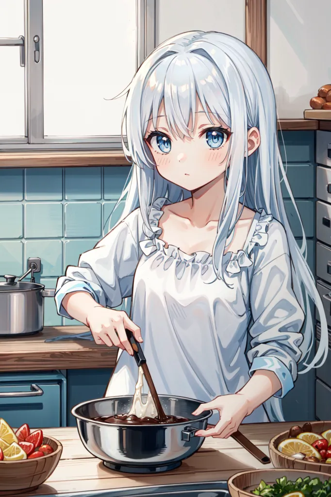 The image shows a girl with long white hair and blue eyes in a white dress cooking in a kitchen. She is stirring a bowl of chocolate mixture with a wooden spoon. There are various ingredients on the counter, including lemons, tomatoes, and lettuce. The girl is looking at the bowl of chocolate mixture with a focused expression. She is wearing a white apron. The kitchen is decorated with blue and white tiles.