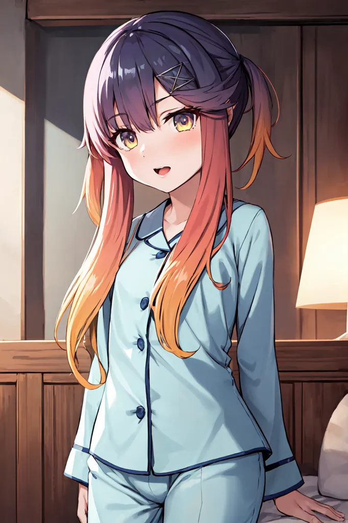 The image shows an anime girl in her pajamas. She has long purple and orange hair tied in a ponytail, and yellow eyes. She is wearing a light blue collared pajama shirt with matching pants. The girl is standing in a bedroom, and there is a lamp on the nightstand behind her. She has a happy expression on her face.