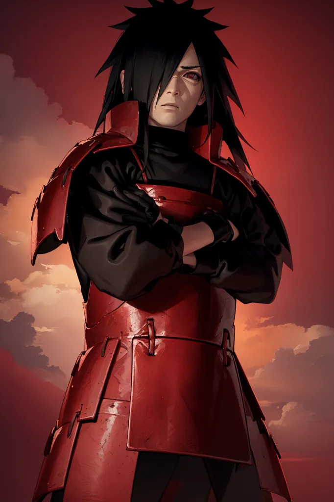 The image is of Madara Uchiha, a character from the anime series Naruto. He is shown wearing his signature red and black armor, with his long black hair flowing behind him. His eyes are narrowed in a stern expression, and he has a confident smirk on his face. He is standing in a dark, red void with clouds in the background.