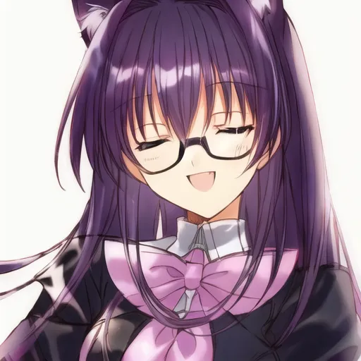 The image shows an anime-style girl with purple hair and cat ears. She is wearing glasses and a pink bow. The girl has a happy expression on her face.