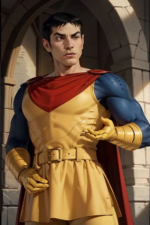 This is an image of a superhero. He is wearing a yellow and blue costume with a red cape. He has a belt around his waist and gloves on his hands. He is standing in a confident pose, with one hand on his hip and the other extended in front of him. He has a serious expression on his face.