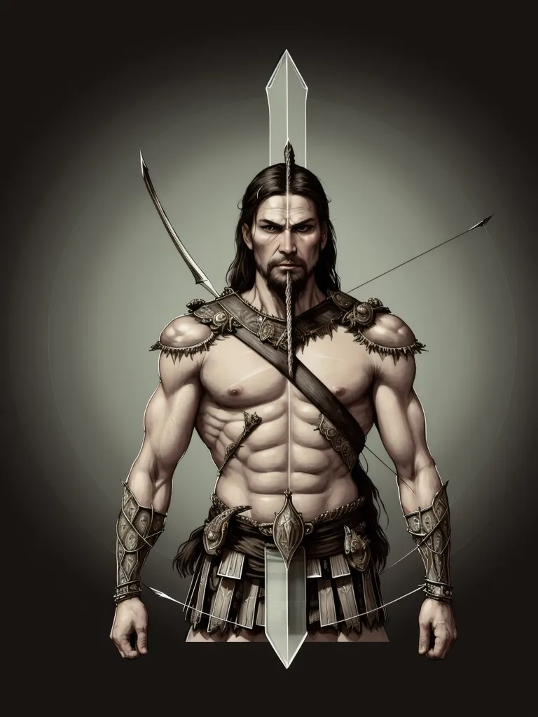 The image shows a muscular man with long brown hair and a beard. He is wearing a loincloth and a breastplate, and he is armed with a bow and arrow. He has a sword stuck vertically  in the ground in front of him. He has a determined expression on his face, and it looks like he is about to fire his arrow.