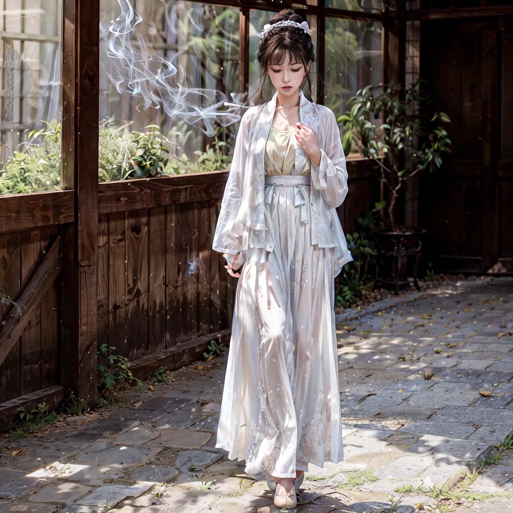 The image shows a young woman wearing a traditional Chinese dress, called a Hanfu, with white as the main color. The dress has a long, flowing skirt and a fitted bodice. The woman's hair is long and black, and she is wearing a traditional Chinese hairstyle. She is also wearing light makeup. The background of the image is a traditional Chinese garden, with a stone path, wooden fences, and lush plants. The overall aesthetic of the image is one of beauty and elegance.