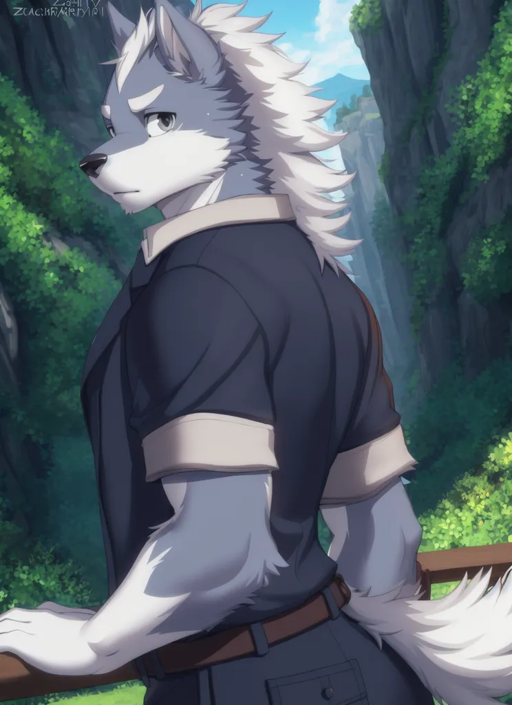 The image is of a muscular wolf anthropomorphic character with grey and white fur. He is wearing a blue shirt with the sleeves rolled up and dark pants with a belt. His shirt is unbuttoned at the collar, exposing his chest. He has a determined expression on his face and is looking off to the side. He is standing in a lush green forest setting with a mountain in the background.