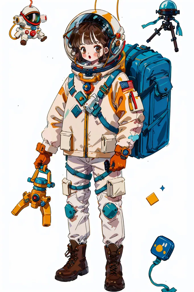 This is an image of a young girl in a spacesuit. She is wearing a white helmet with a brown visor, a white spacesuit with orange and blue details, and brown boots. She is carrying a large backpack and a strange device in her right hand. She has a small robot floating next to her head. The girl is standing on a white background.