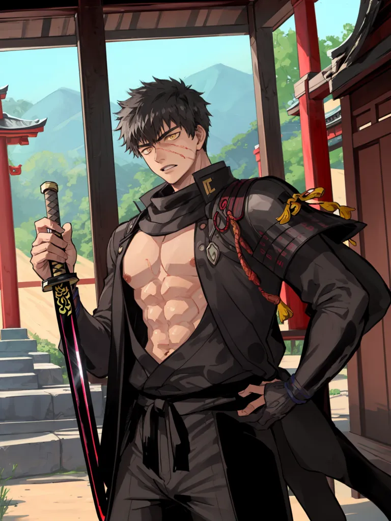 The image is of a shirtless man with a sword. He is wearing black pants and a black jacket with gold trim. He has a red scarf around his neck and a black mask covering his mouth. His hair is black and short. He is standing in a courtyard with a stone wall and a wooden gate in the background. There are trees and mountains in the distance. The man is holding a sword in his right hand and has his left hand on his hip. He has a determined expression on his face.