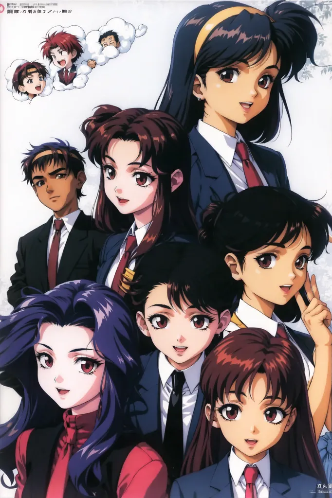 This is an illustration from a Japanese anime series called "Mobile Suit Gundam Wing." It features eight characters from the series, all of whom are young men and women with various hairstyles and facial expressions. They are all wearing school uniforms, which consist of a dark blue blazer, white shirt, and red tie. The characters are arranged in a group, with the tallest character, a young man with dark skin and brown hair, standing in the back. The shortest character, a young woman with brown hair and red eyes, is standing in the front. The other characters are arranged in between them, with the characters' positions and poses suggesting that they are friends or acquaintances. The illustration is drawn in a realistic style, with the characters' facial expressions and body language conveying a sense of camaraderie and unity.