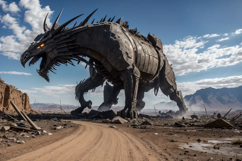 The image shows a large, mechanical dragon standing in a desert landscape. The dragon is made of metal and has a long, serpentine body with four legs and a pair of wings. Its head is long and narrow, with a sharp snout and a pair of horns. Its eyes are glowing orange, and its mouth is open, revealing sharp teeth. The dragon is standing in a rocky field, surrounded by the ruins of a city. The ground is littered with debris, and the sky is dark.