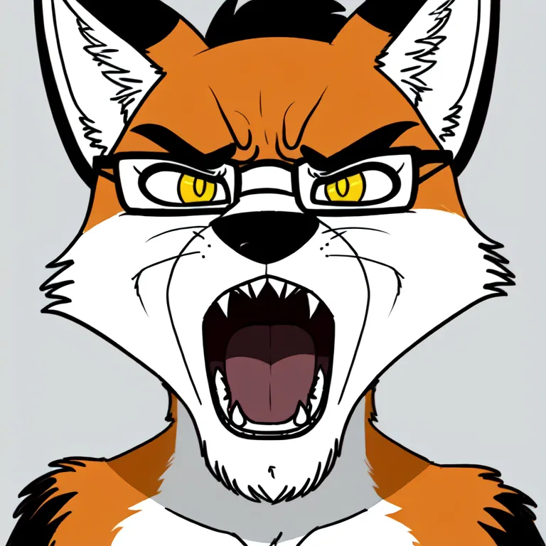 The image is a cartoon drawing of a fox's head. The fox is orange and white, with black ears and a black nose. It is wearing glasses, and its eyes are rolled up in anger. Its mouth is open in a roar, and its teeth are bared. The fox is surrounded by a white background.