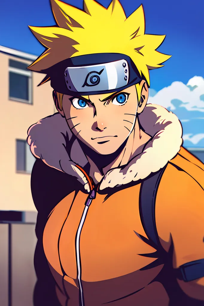 The image shows an anime character named Naruto Uzumaki from the anime series Naruto. He is a young ninja who wears a headband with a symbol on it. He is wearing an orange jacket with a white fur collar and blue pants. He has spiky blond hair and blue eyes. He is standing in a street with a building in the background.